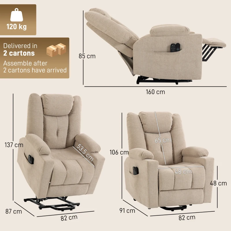 HOMCOM Fotoliu electric cu funcție de ridicare, masaj prin vibrații și funcție de încălzire, fotoliu relax cu aspect de catifea și tapițerie cu arcuri, Alb crem