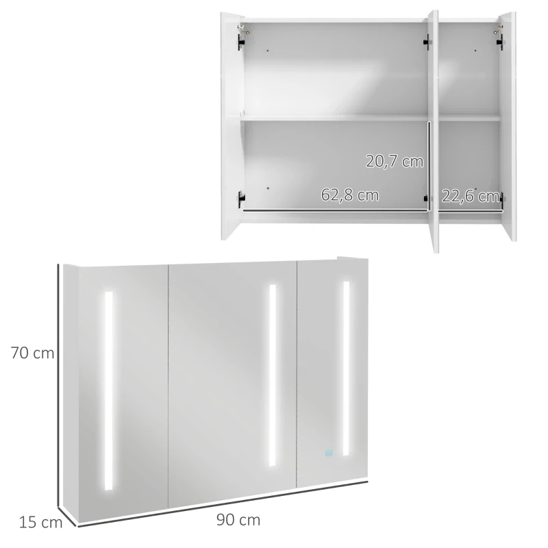 kleankin Armario con Espejo de Baño con 3 Puertas Estantes Ajustables Interruptor Táctil y USB 90x15x70 cm Blanco Brillante