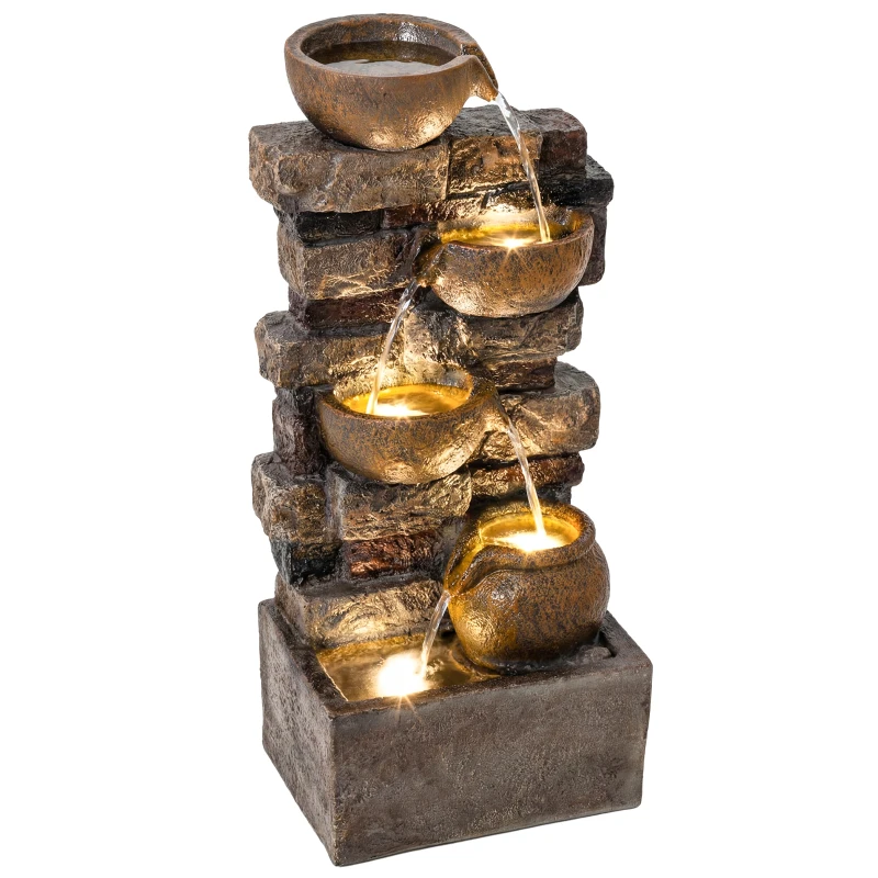 Outsunny Fontaine Extérieure avec 5 Niveaux de Pichets Rustiques et Design Roche, Cascade avec Lumières LED, Marron Rustique