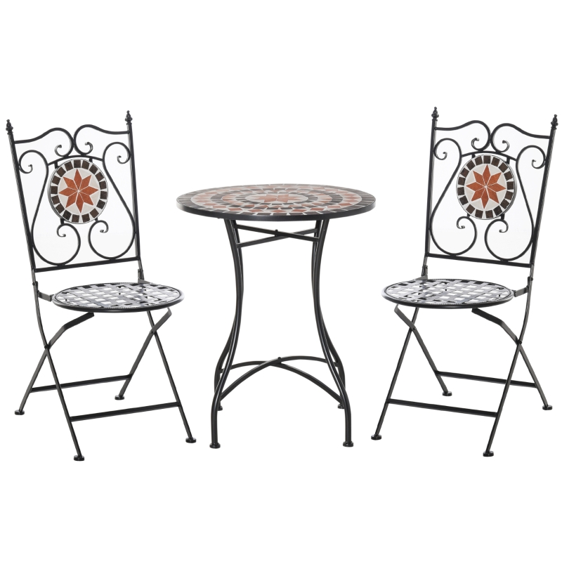 Outsunny Garten Sitzgruppe 3-teilige Mosaiktisch Essgruppe Gartenmöbel-Set 1 Tisch+2 faltbare Stühle Terrasse Metall Mehrfarbing Mosaiktisch+2