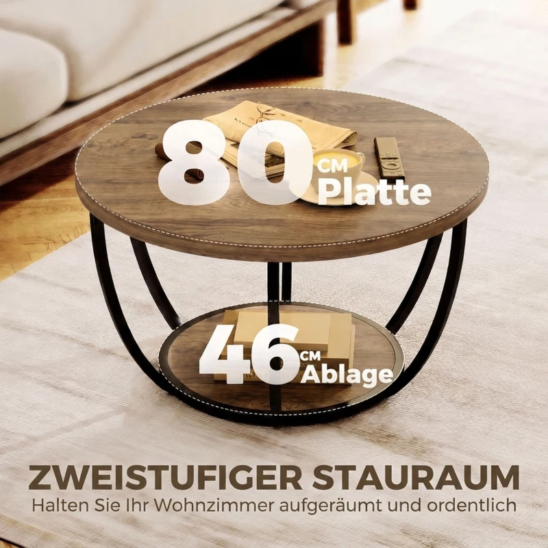 HOMCOM Couchtisch mit 2 Ebenen, Wohnzimmertisch 80 x 80 x 43,8 cm, Braun/Schwarz