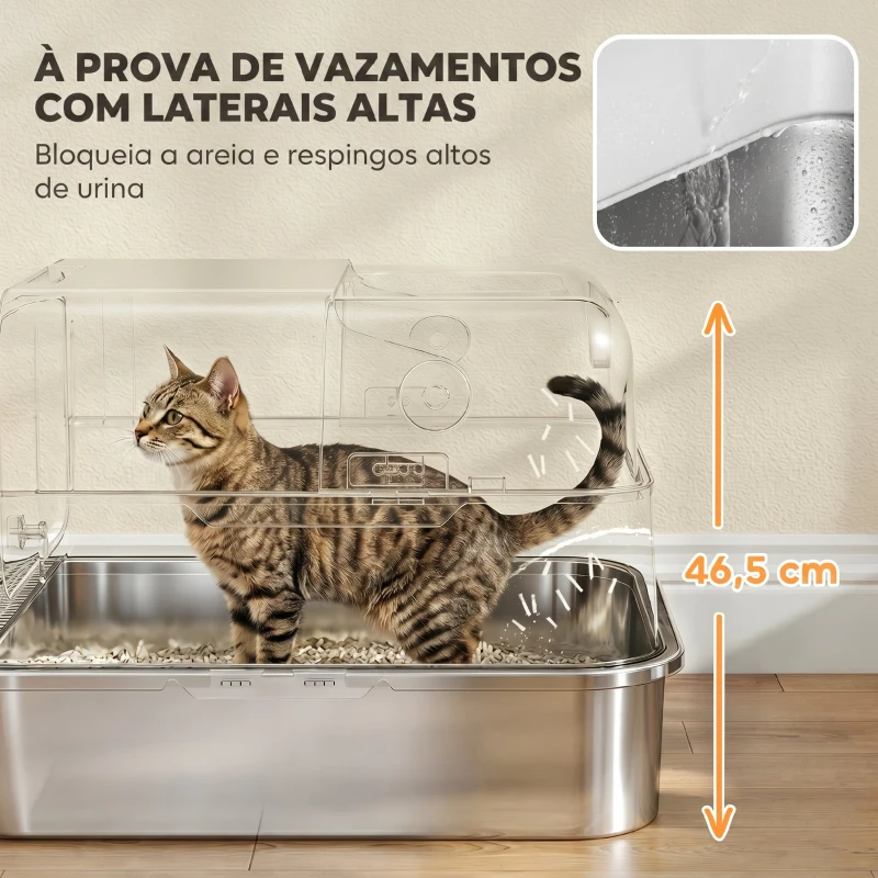PawHut Caixa de Areia para Gatos XXL em Aço Inoxidável com Tampa Basculante, Laterais Altas e Entrada Superior - Branco