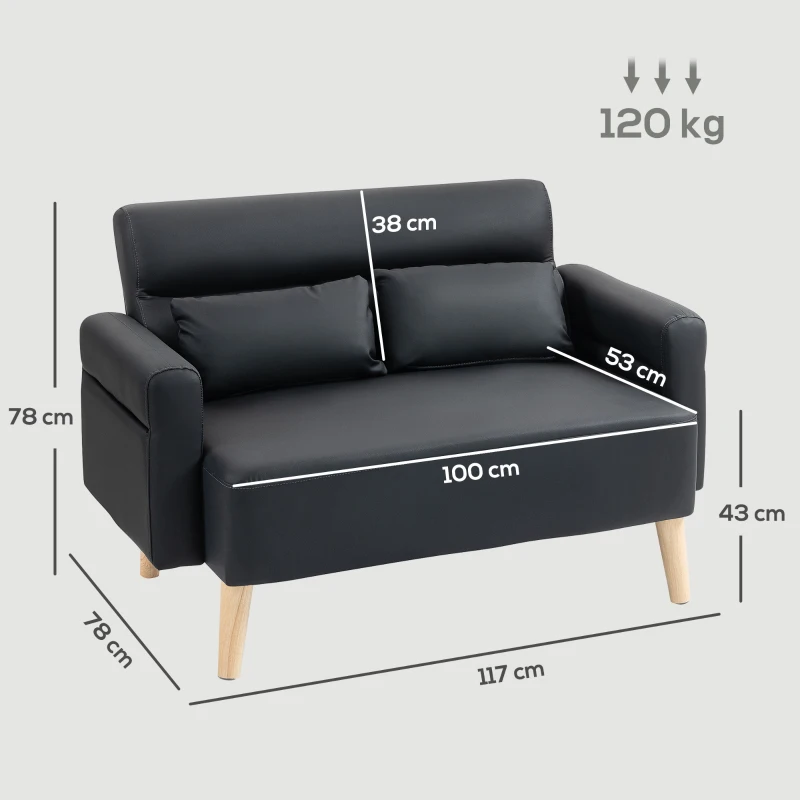 HOMCOM Sofá de 2 Lugares Estofado em Couro Sintético com Braços Acolchoados Espessos e Pés de Madeira  117x78x78 cm Preto