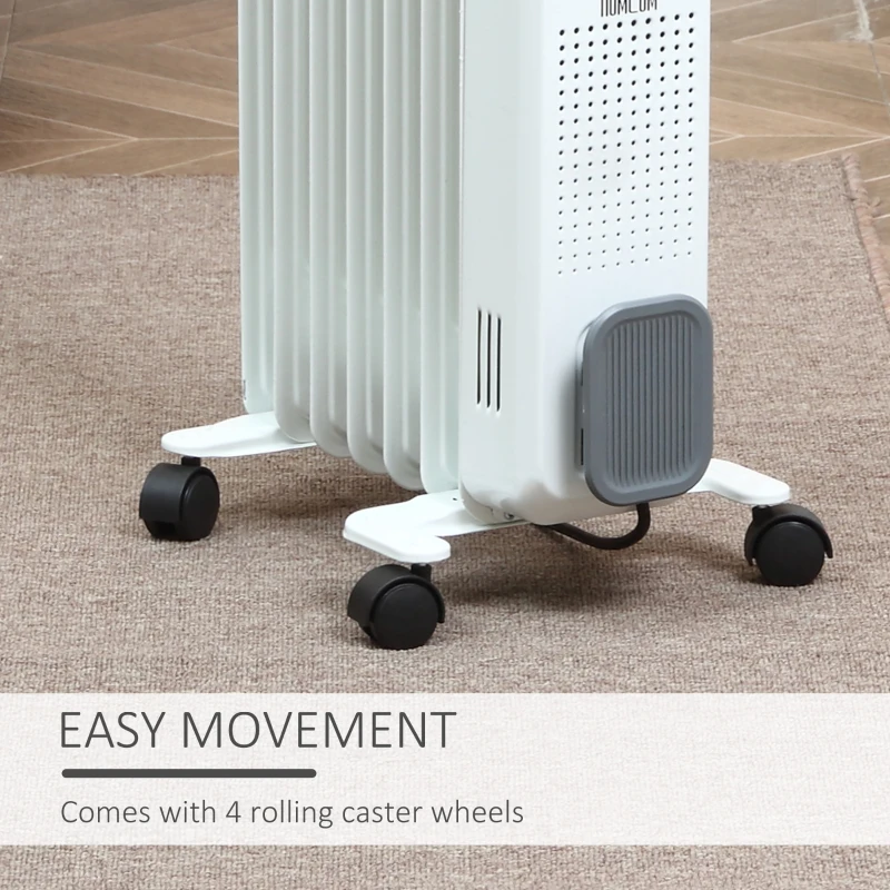 HOMCOM Portable Oil Filled Radiator, 7 Fins Electric Heater with Adjustable Thermostat, 3 Heat Settings and Safe Power-Off, White