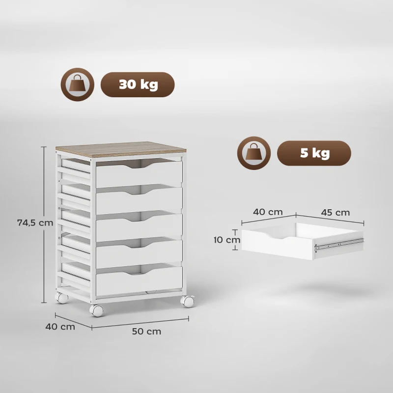 HOMCOM Caisson bureau mobile, meuble rangement sur roulettes bois avec 5 tiroirs, poignées encochées, 50 x 40 x 74,5 cm , blanc