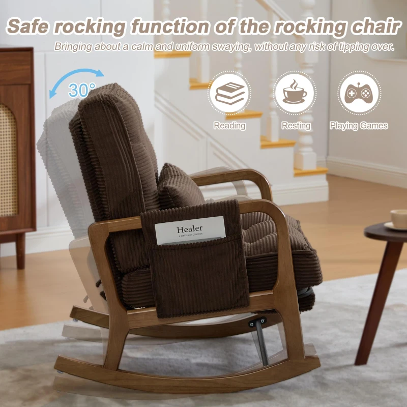 Cozy Rocking Chair with Adjustable Footrest and Side Pocket, Soft Corduroy Glider Armchair for Nursery, 92L x 80W x 70H cm, Coffee