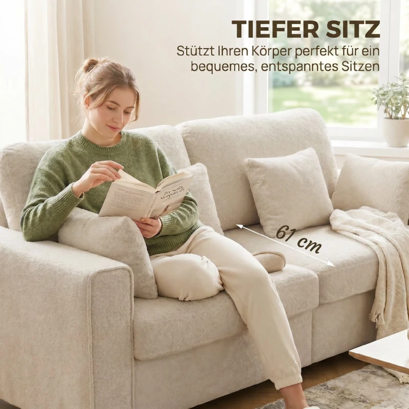 HOMCOM Beiges 3-Sitzer-Sofa mit Raindrop-Samtbezug, tiefem Sitz, Federkissen, breiten Armlehnen und 4 Kissen