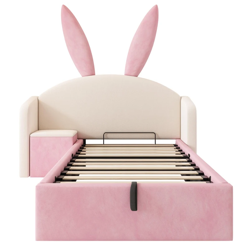 Bunny Ears Children's Bed with Hydraulic Storage, Adorable Bed for Girls Bedrooms, 206L x 149W x 143H cm, Beige+Pink