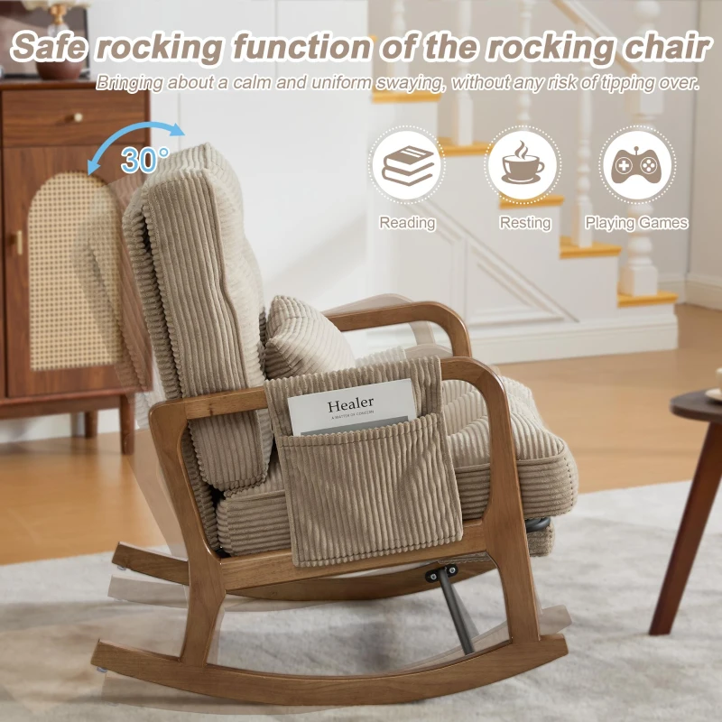 Cozy Rocking Chair with Adjustable Footrest and Side Pocket, Soft Corduroy Glider Armchair for Nursery, 92L x 80W x 70H cm, Khaki