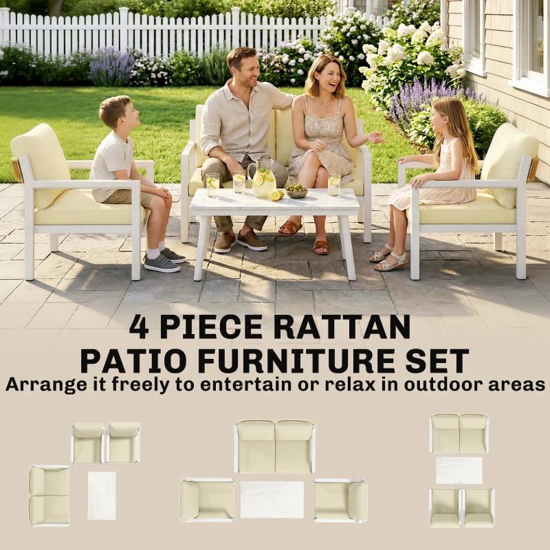 Outsunny 4 Seater Rattan Garden Furniture Set with 2 Armchairs, Loveseat, Coffee Table, Garden Sofa Set with Cushions, Beige