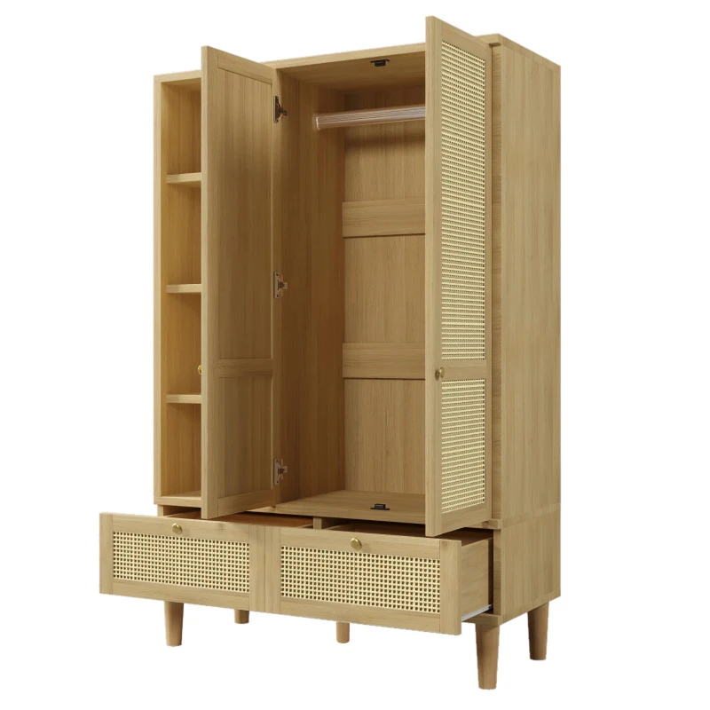 Rustic Oak Rattan Wardrobe with Clothes Rail and 2 Drawers, Wooden Armoire Closet Cabinet for Bedroom, 120L x 50W x 180H cm, Oak
