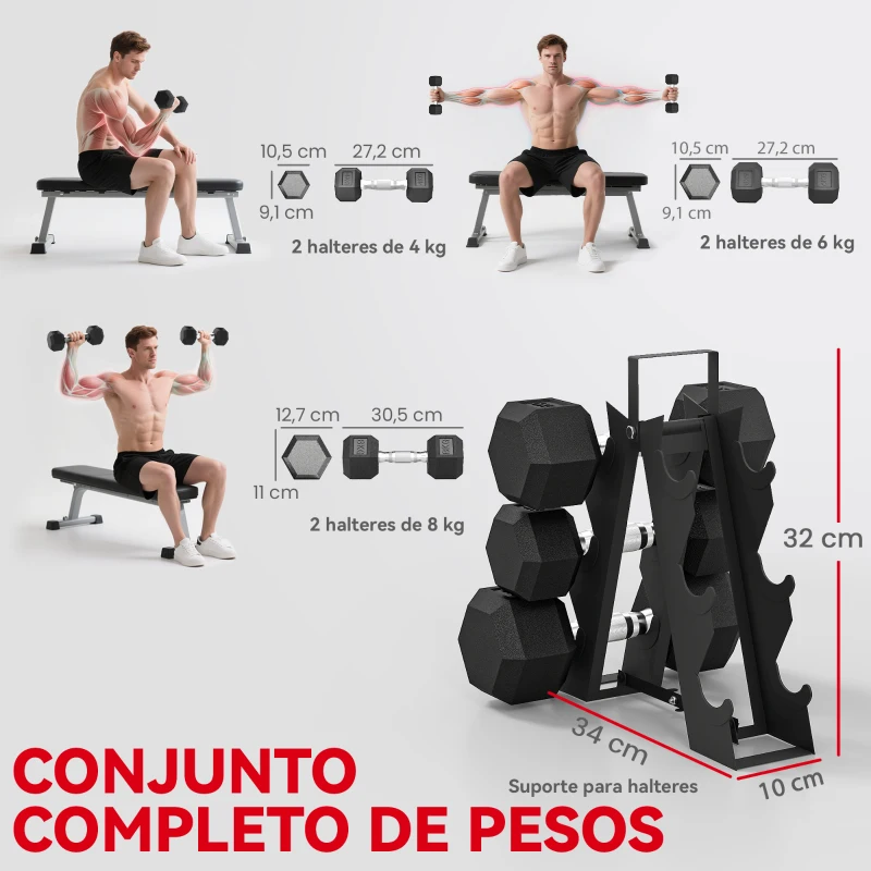 SPORTNOW Conjunto de Halteres 2x4kg 2x6kg 2x8kg com Suporte de Armazenamento para Exercício e Treino Preto