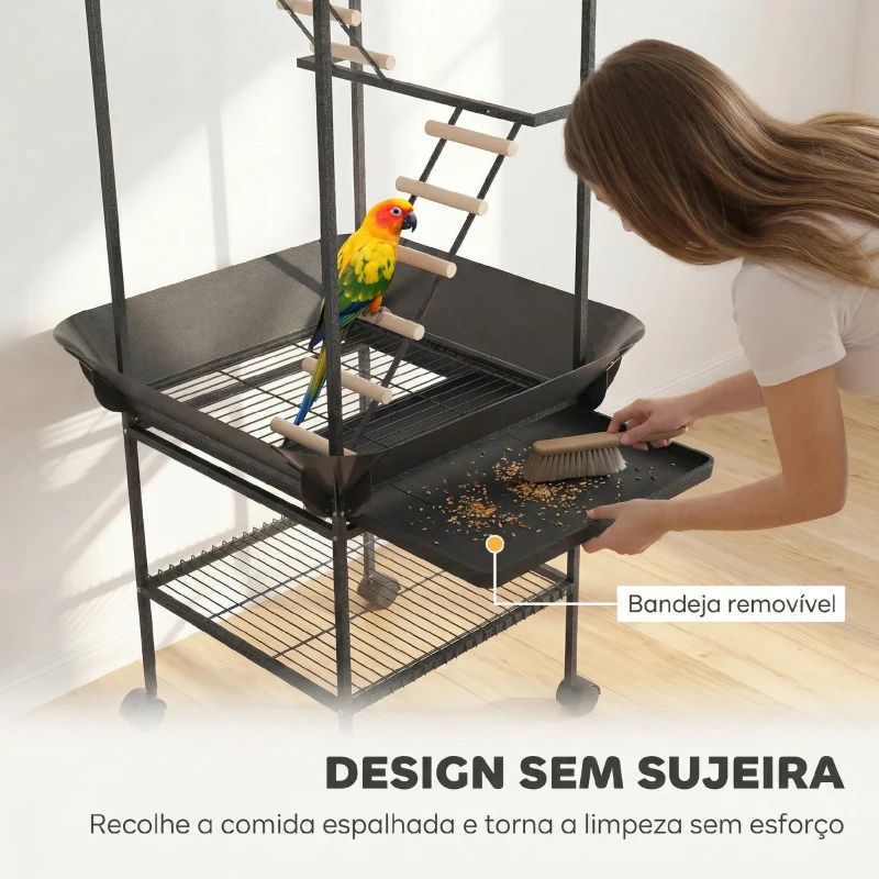PawHut Parque de Jogos para Pássaros com Rodas Escadas Baloiço Protetor de Sementes Bandeja Comedouros Poleiros 63x63x163 cm