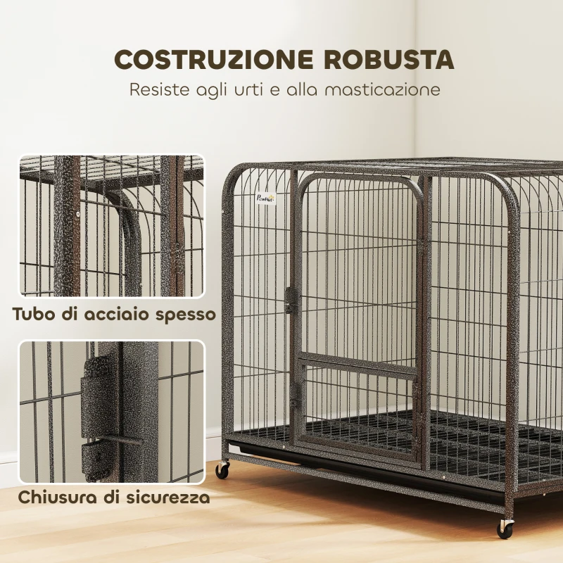 PawHut Gabbia per Cani in Acciaio con Ruote, 3 Porte, Vassoio Rimovibile e Chiusura Sicura, Nero