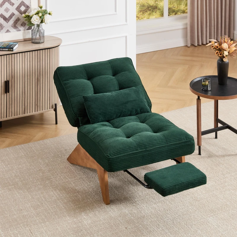 Cozy Reclining Accent Chair with Foldable Ottoman and Lumbar Pillow, Soft Adjustable Lounger for Living Room, 127L x 73W x 90H cm, Emerald