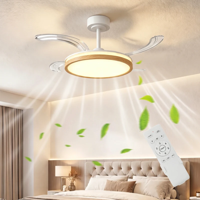 HOMCOM Ventilateur de plafond avec lumière et télécommande, plafonnier ventilateur 95 cm avec pales rétractables, bois naturel