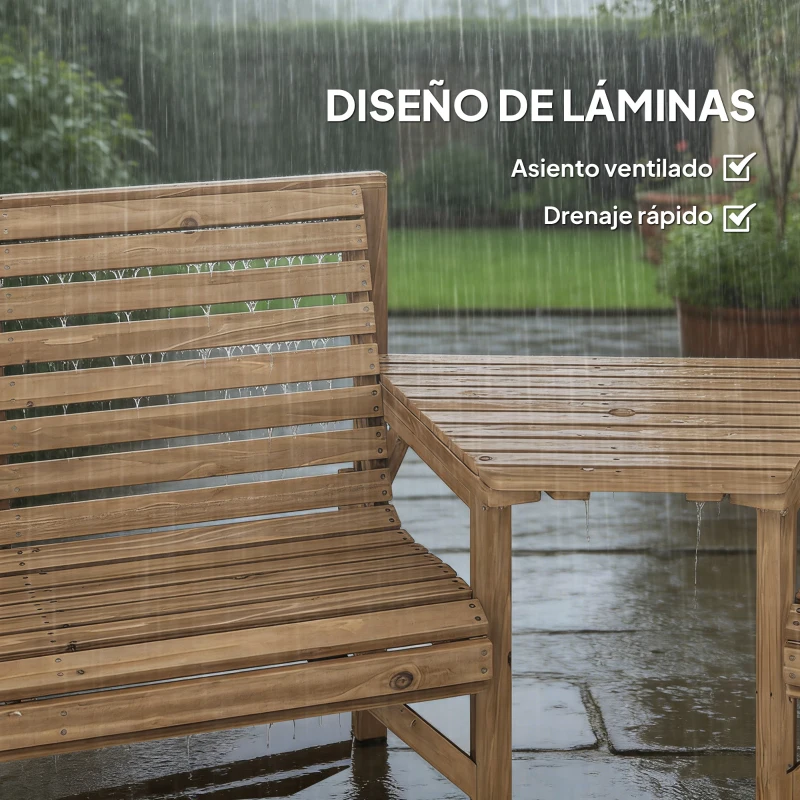 Outsunny Set de 3 Sillas de Jardín con Mesa Desmontable y Orificio para Parasol Madera Natural