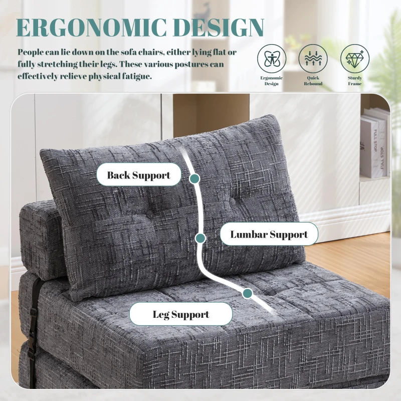 Cozy Convertible Floor Sofa Bed with Button-Tufted Detailing, Soft Chenille Folding Sleeper Couch for Living Room, 180L x 79W x 57H cm, Gray