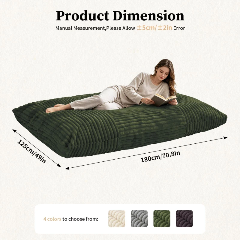 Convertible Bean Bag Chair with Memory Foam, Versatile Lounger for Reading and Gaming, 180L x 125W cm, Green