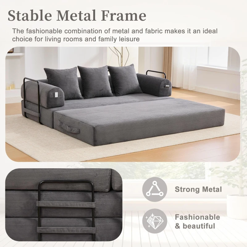 Cozy Compressible Folding Sofa with Detachable Metal Frame, Soft Modular Sectional Couch for Small Apartment, 110L x 33W x 33H cm, Dark Gray