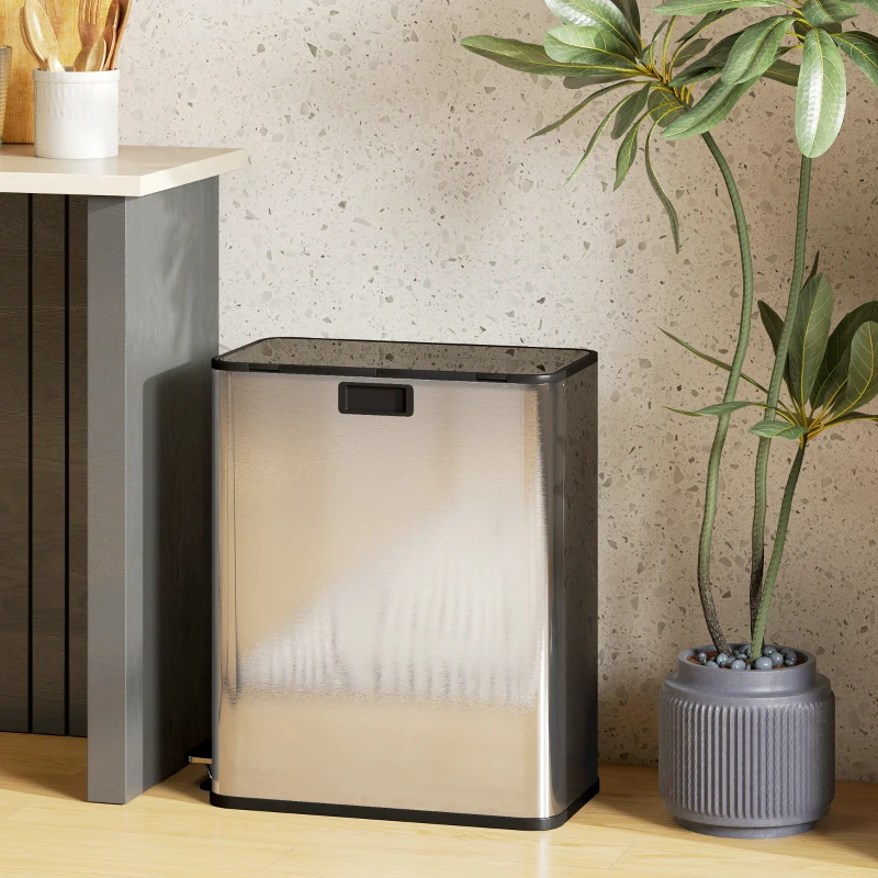 HOMCOM Dual Kitchen Bin with Soft-Close Butterfly Lid, 2 x 28L Stainless Steel Pedal Bin with Removable Inner Buckets, Fingerprint-Proof for Recycling and Waste, Silver Tone