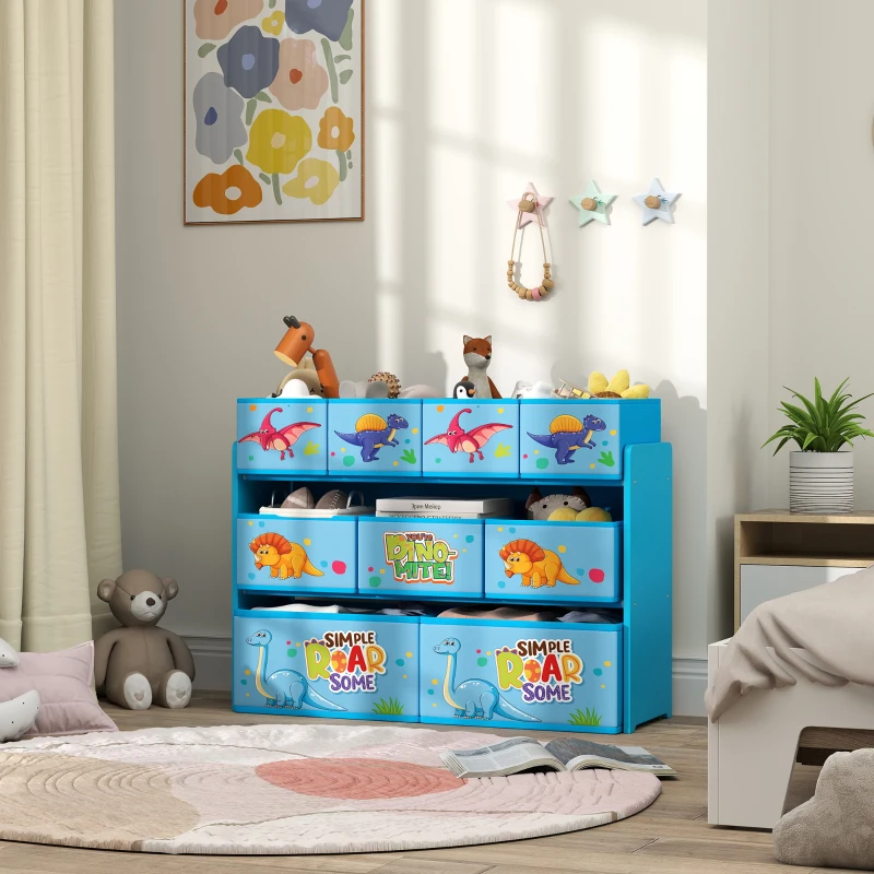 AIYAPLAY 3-Tier Kids Storage Unit with 9 Non-Woven Fabric Boxes for Toys, Books, for Bedroom, Nursery, Blue