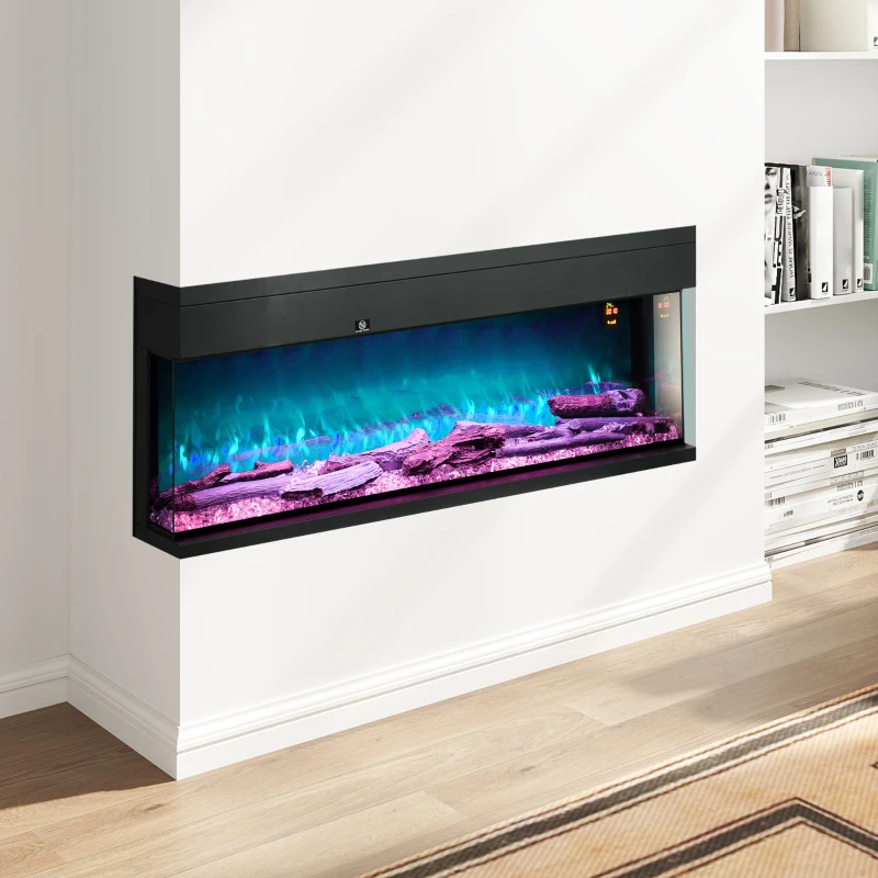 HOMCOM Camino Elettrico da Incasso e Parete 1800W con Fiamme Colorate LED Regolabili, Temperatura fino 40°C, Nero