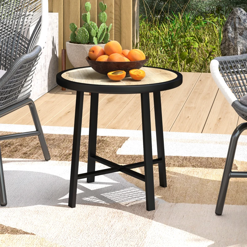 Outsunny Round Small Garden Table, 50.5cm Outdoor Side Table with SPC Tabletop, Metal Frame and Anti-slip Foot Pads for Garden, Balcony, Nature Wood Finish