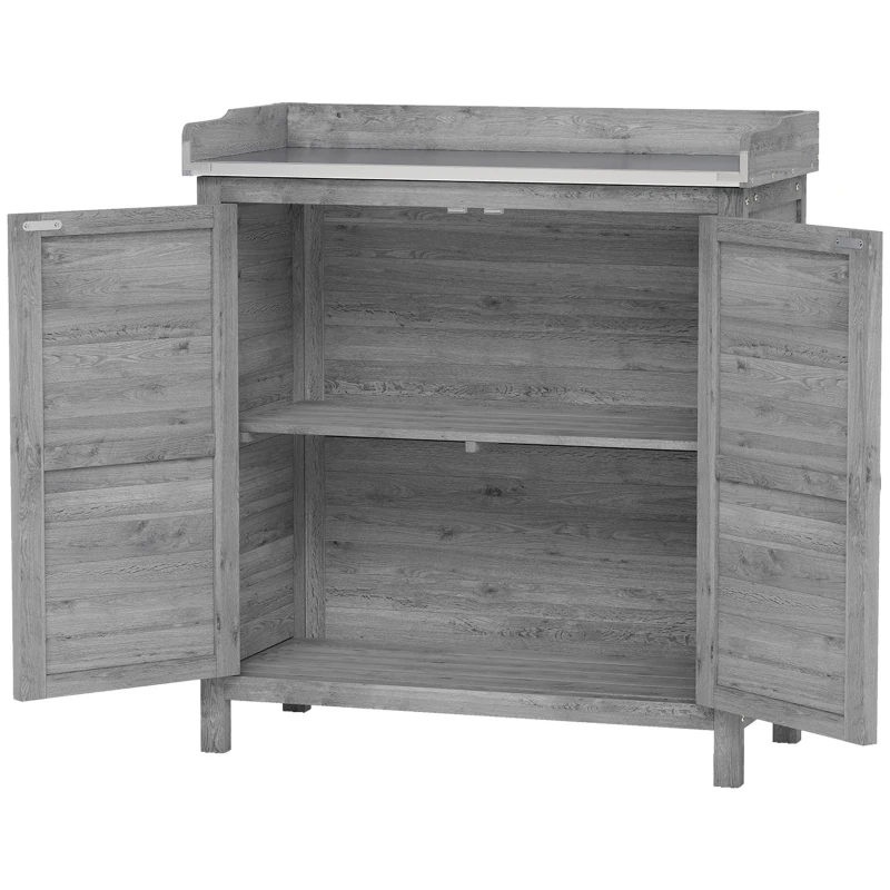 Outsunny Gartenschrank mit Pflanztisch, Holz Geräteschuppen mit verzinkter Arbeitsplatte 2 Regalböden Grau