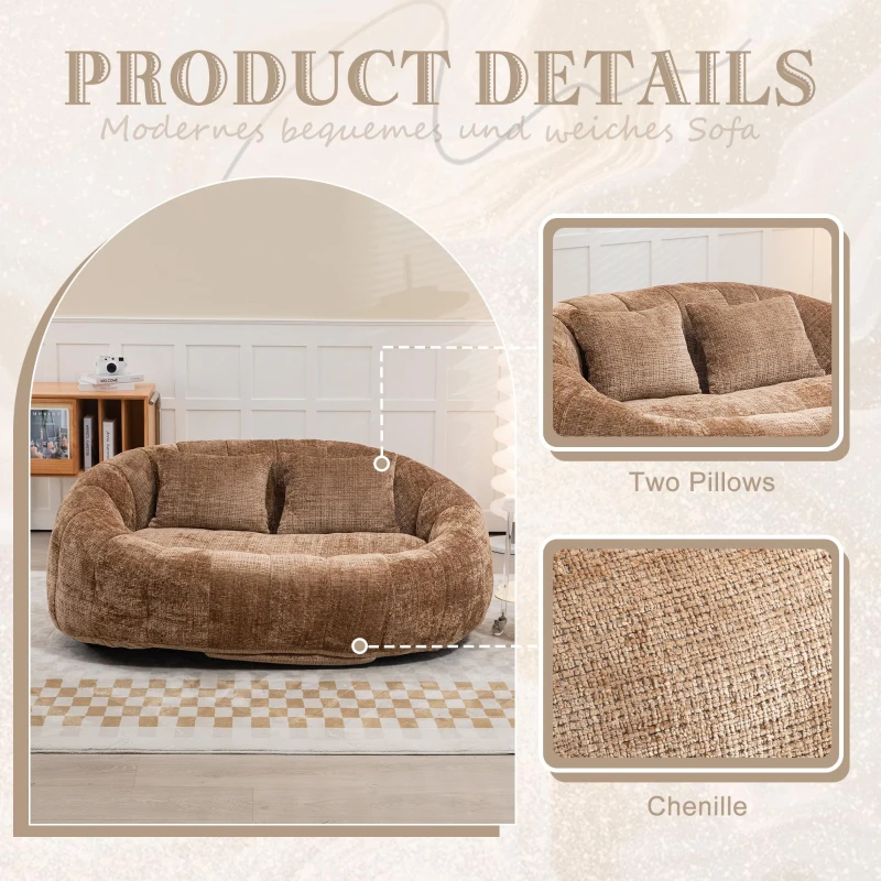 Cozy Oversized Bean Bag Sofa with 2 Matching Pillows, Soft 2-Seat Sectional Couch for Living Room and Bedroom, 145L x 95W x 63H cm, Coffee