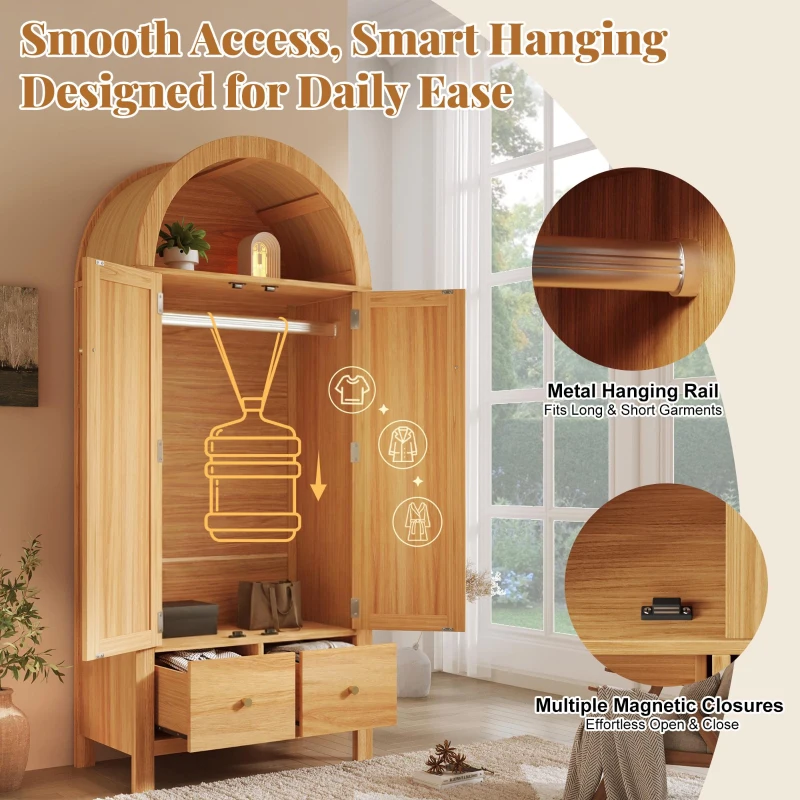 Country-Style Rattan Wardrobe with Semi-Circular Storage Area, Stylish Storage Cabinet for Bedrooms and Entryways, 78L x 45W x 181H cm, Oak