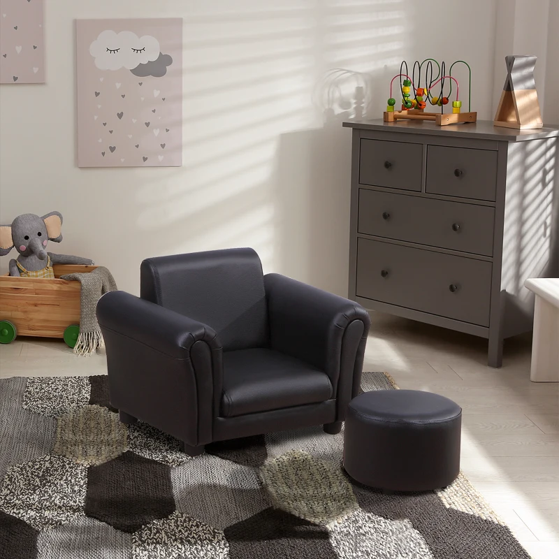 HOMCOM Ensemble Fauteuil et Pouf Enfant Style Contemporain Structure Bois revêtement synthétique PVC Noir