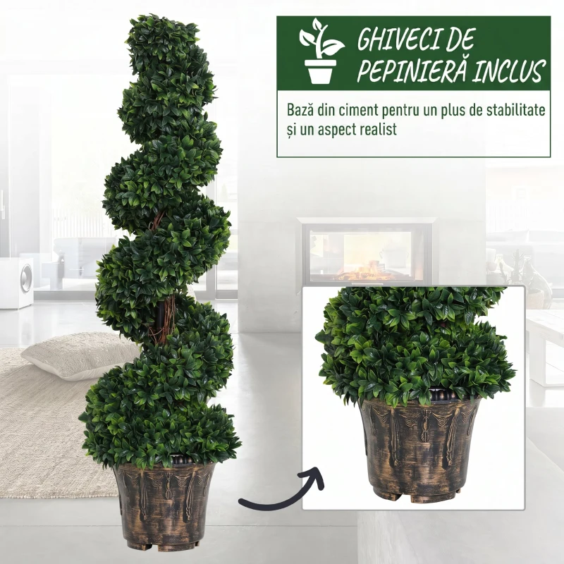 Outsunny Set 2 Plante Artificiale de Buxus în Formă de Spirală pentru Interior și Exterior cu Ghiveci, Ø32x120 cm, Verde