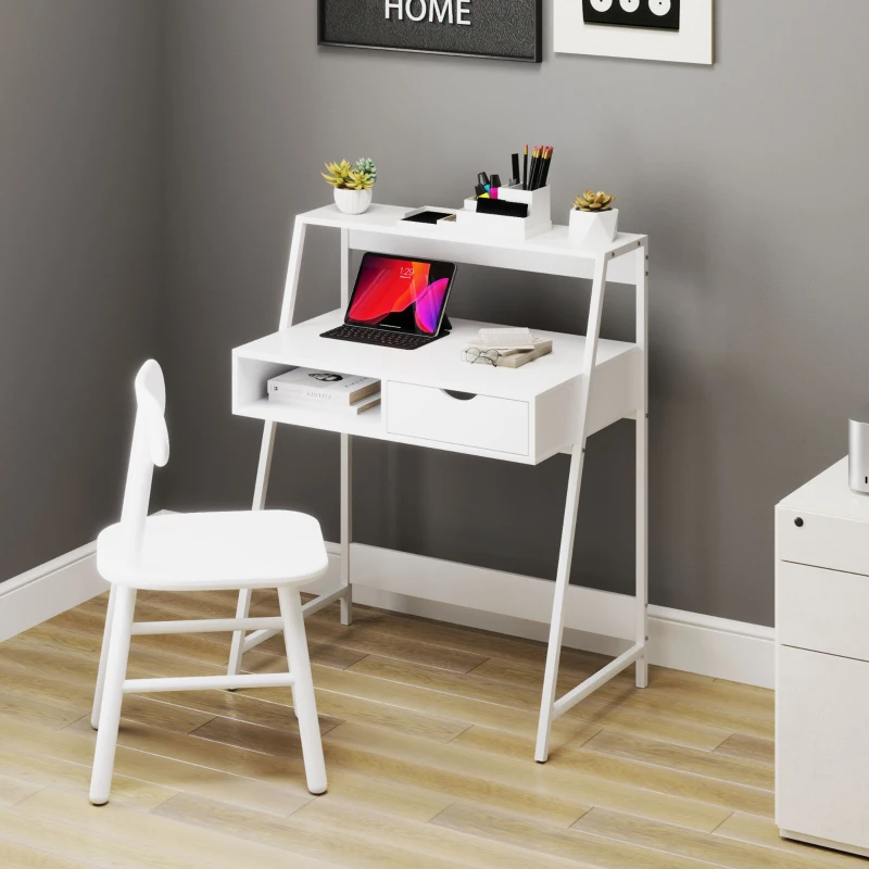 HOMCOM Bureau secrétaire Bureau Informatique Style néo-rétro tiroir Niche étagère métal Blanc