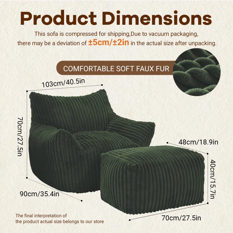 Soft Bean Bag Sofa with High-Quality Sponge and Large Armrests, Cozy Plush Lounger for Bedrooms, 103L x 90W x 70H cm, Green