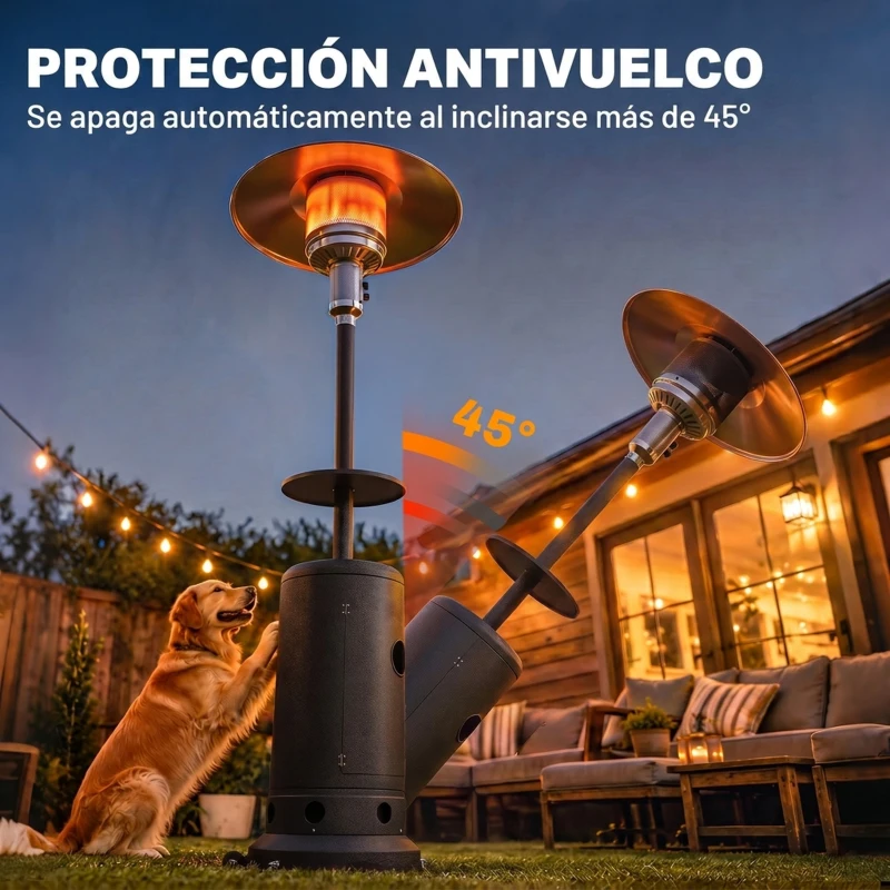 Outsunny Estufa de Gas Butano 13 kW con Mesa Ø40 cm Regulación Continua del Calor Antivuelco Encendido Piezoeléctrico y Ruedas