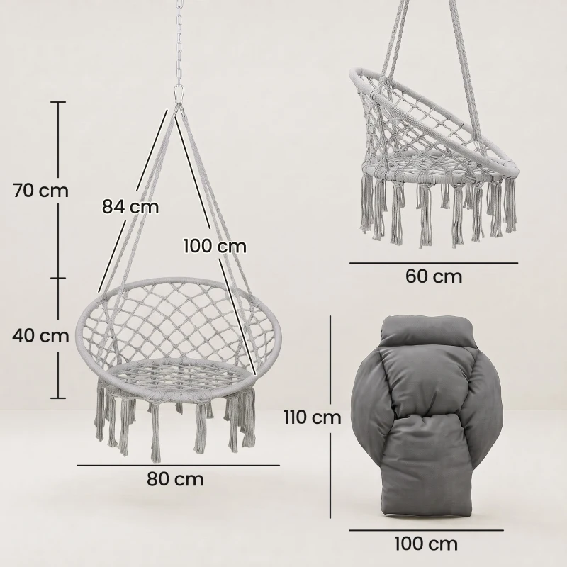 Outsunny Hanging Chair Outdoor Hammock Chair with Soft Cushion, Cotton Rope Boho Style Swing Chair, Hanging Garden Swing Seat for Indoor Outdoor, Dark Grey