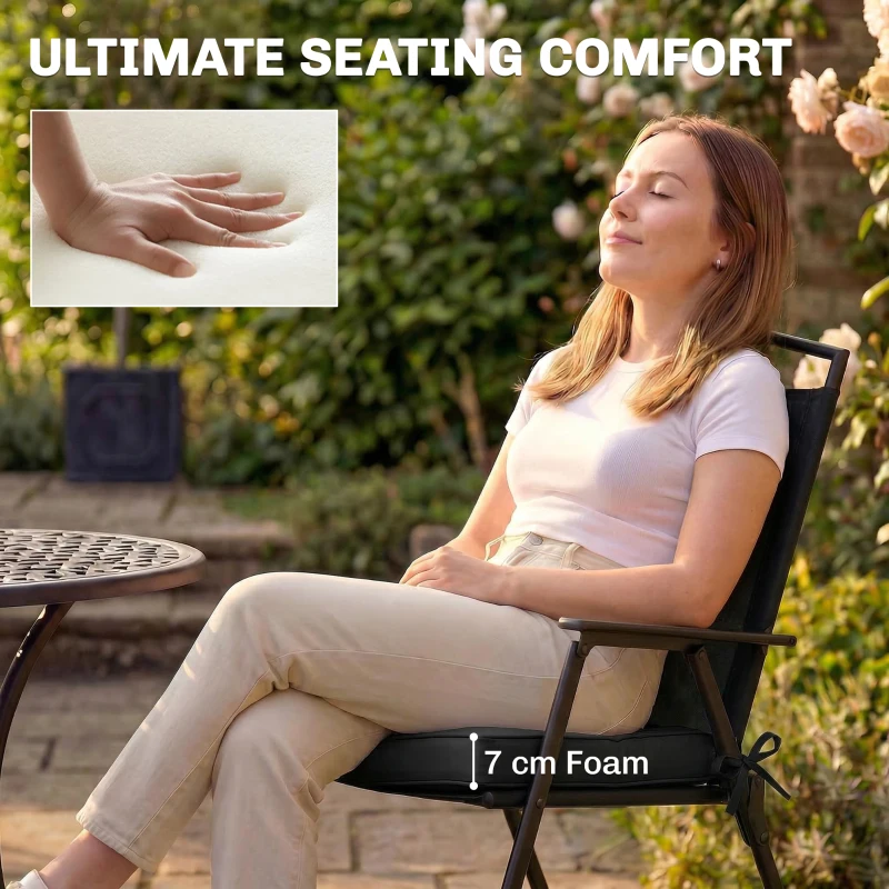 Outsunny Outdoor Chair Seat Cushions Set of 2, Garden Chair Cushions with 7cm Thick Foam & Ties, Black