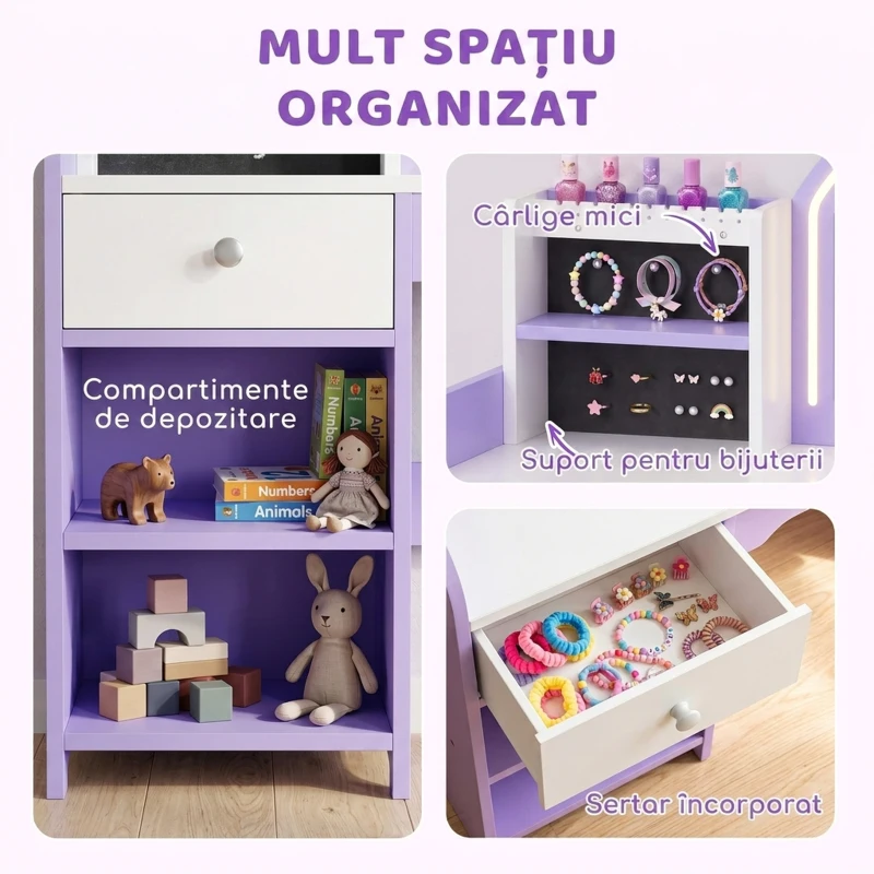 AIYAPLAY Set măsuță de toaletă 2 în 1 pentru fetițe, cu scaun și oglindă, lumini în 2 culori, suport bijuterii, sertar, mov