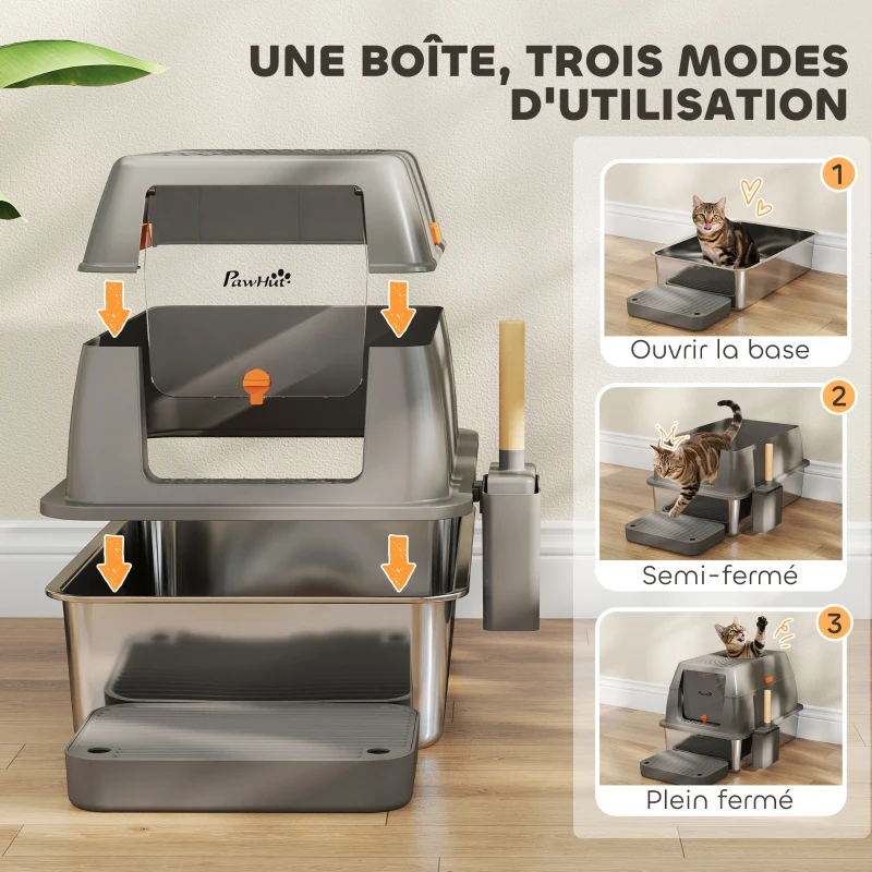 PawHut Bac à litière fermé maison de toilette pour chat acier inoxydable couvercle marche anti-dispersion 60x40x38cm gris foncé