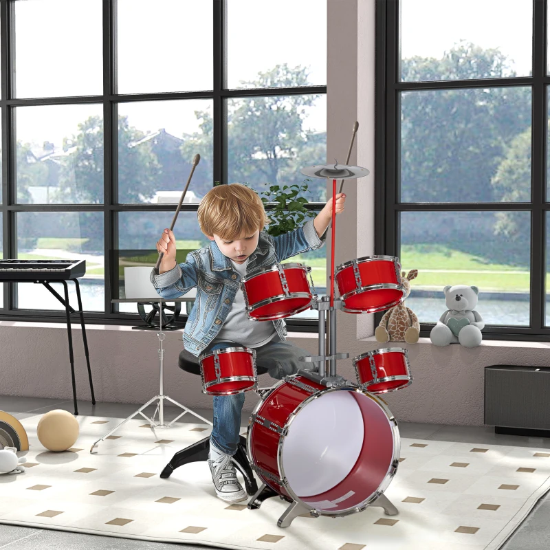 AIYAPLAY Set Batteria per Bambini da 5 Pezzi con Grancassa con Pedale, Tamburi, Piatto e Sgabello, Età 3-6 Anni, Rosso