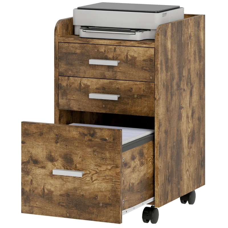 HOMCOM 3 Drawer Filing Cabinet, Rolling File Cabinet with Edged Top for Letter, A4 Size, Hanging File Folders, Rustic Brown