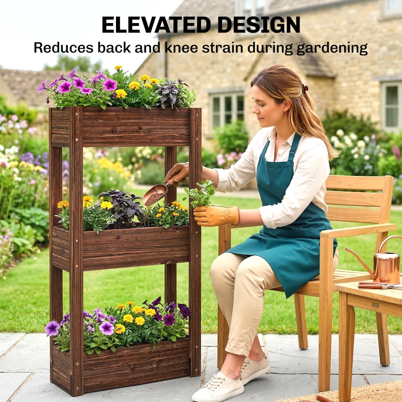 Outsunny 3-Tier Wooden Raised Planter, Raised Garden Bed on Legs with Drainage Holes and Bed Liner, Elevated Garden Planter