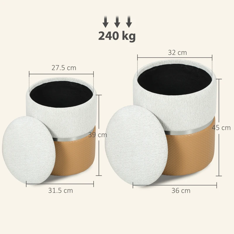 HOMCOM Nesting Round Ottoman with Storage Set of 2 - Cream/Brown