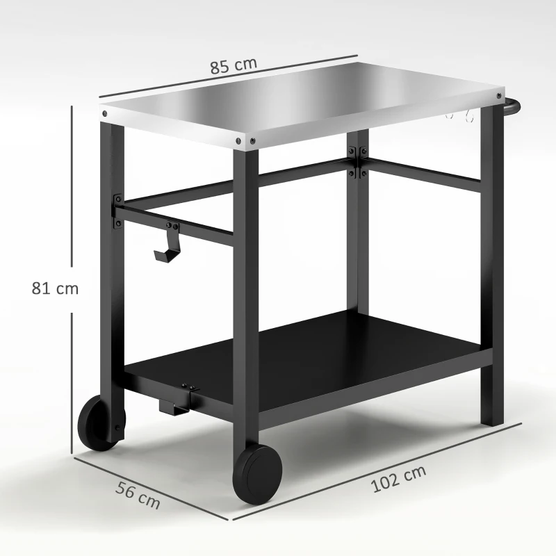 Outsunny Outdoor Grill Dining Cart 2-Shelf Movable Pizza Oven Table Stand with Stainless Steel Top, Portable BBQ Trolley Food Prep Outdoor Kitchen Barbecue Station with Hooks Wheels, Charcoal Grey