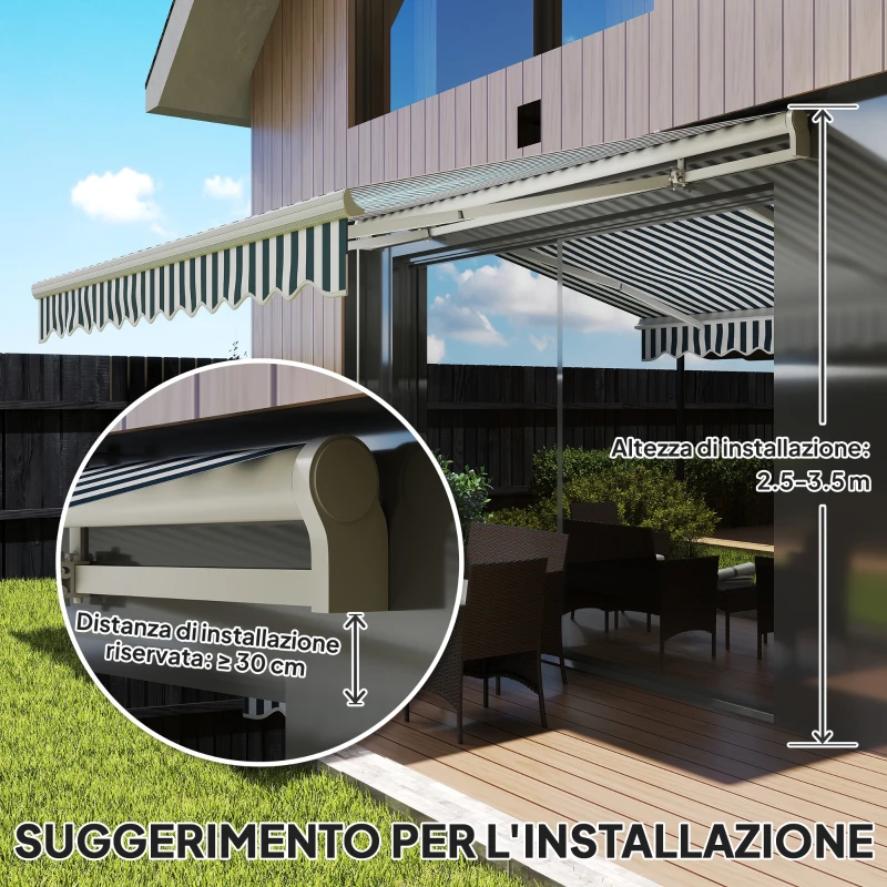 Outsunny Tenda da Sole a Bracci Avvolgibile a Manovella in Metallo e Alluminio, 4x2.5m, Verde e Bianco