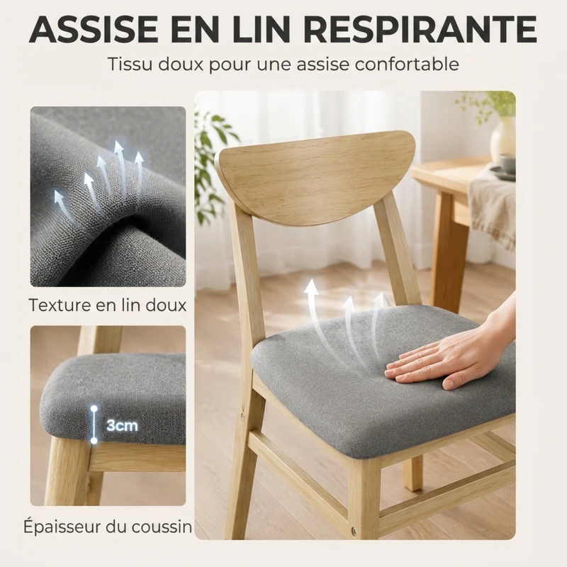 HOMCOM Lot de 2 Chaises de Salle à Manger, Chaises Cuisine, Assise Rembourrées en Lin, Dossier Incurvé, Gris et Bois Naturel