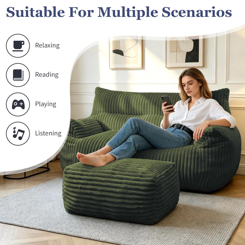 Oversized 2-Seater Corduroy Sofa with Ottoman, Comfortable Couch for Couples and Family, 100L x 135W x 75H cm, Green