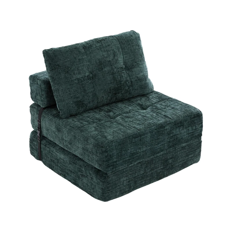 Cozy Convertible Floor Sofa Bed with Button-Tufted Detailing, Soft Chenille Folding Sleeper Couch for Living Room, 180L x 79W x 57H cm, Emerald