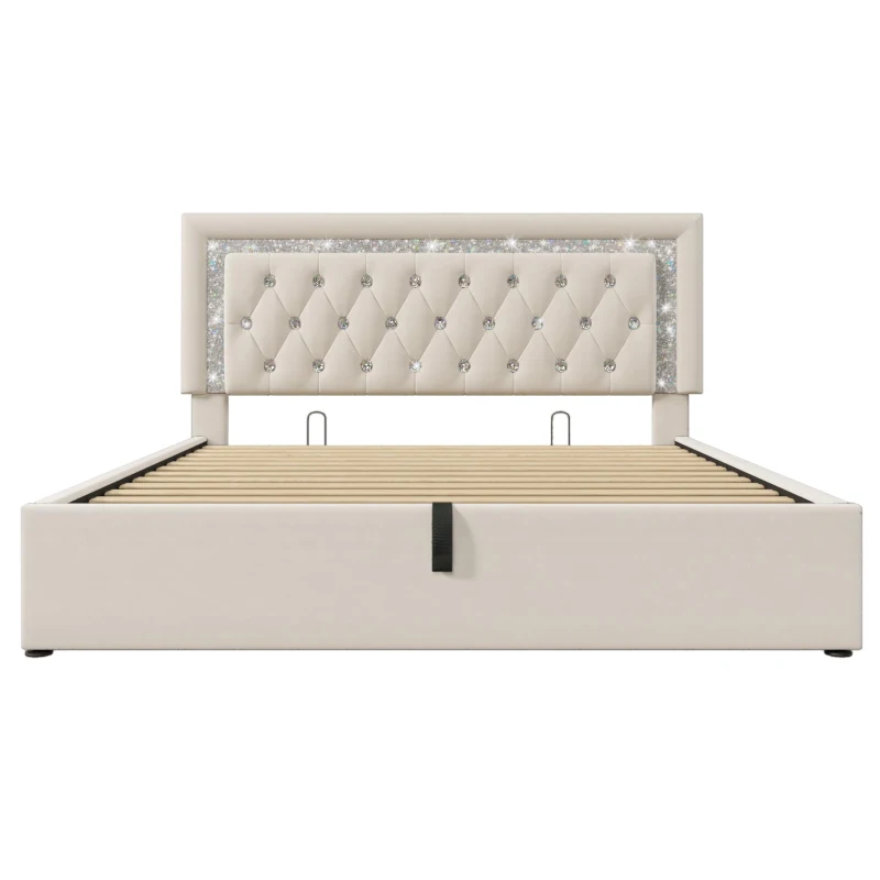 Smart Double Bed with Height-Adjustable Headboard, Stylish Bed Frame for Contemporary Bedrooms, 204L x 145W x 108H cm, Beige